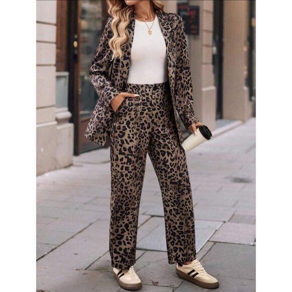 2 piece suit set blazer and pants pantsuit leopard print